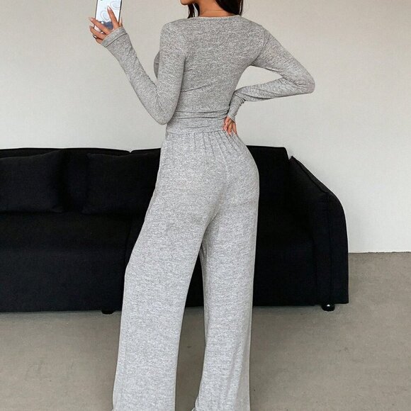 Light Grey Casual Women's Solid Color Button Long Sleeve T-Shirt And Pants Set - Picture 6 of 7